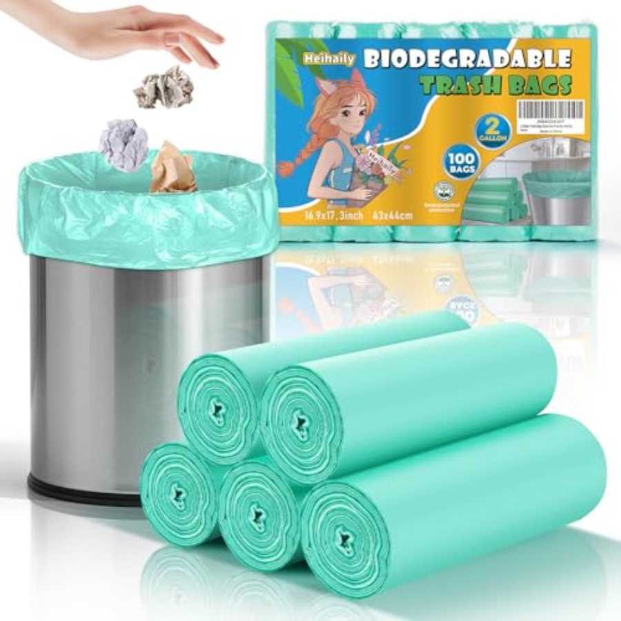 Biodegradable Bin Liner - 2ガロンミニグリーンゴミ袋 - 浴室用小型ゴミ袋 100枚入り 7.5リットル 無香料堆肥化可能生分解性小型ゴミ袋